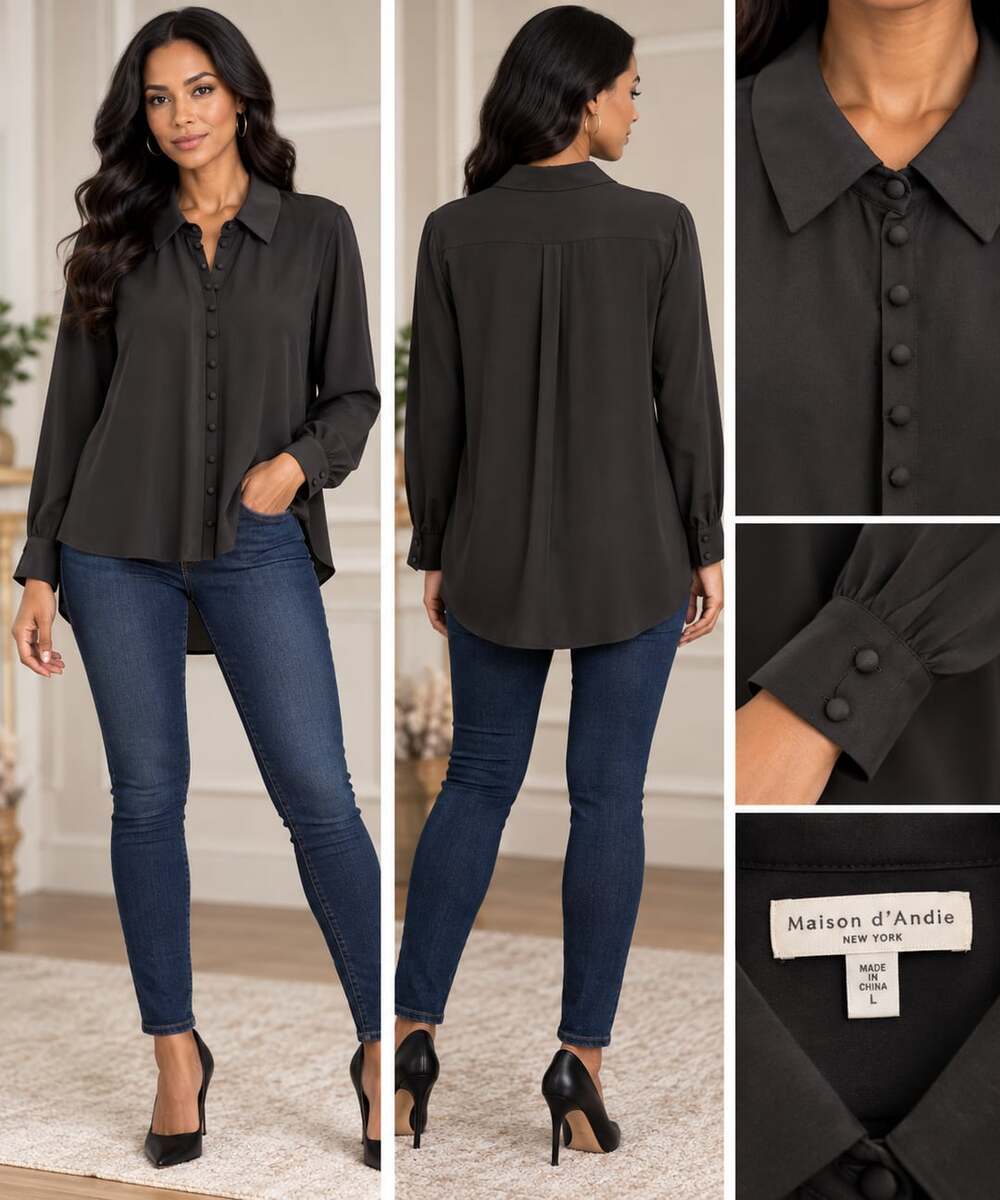 Maison d'Andie Button-Down Shirt Size L Black Satin Blouse